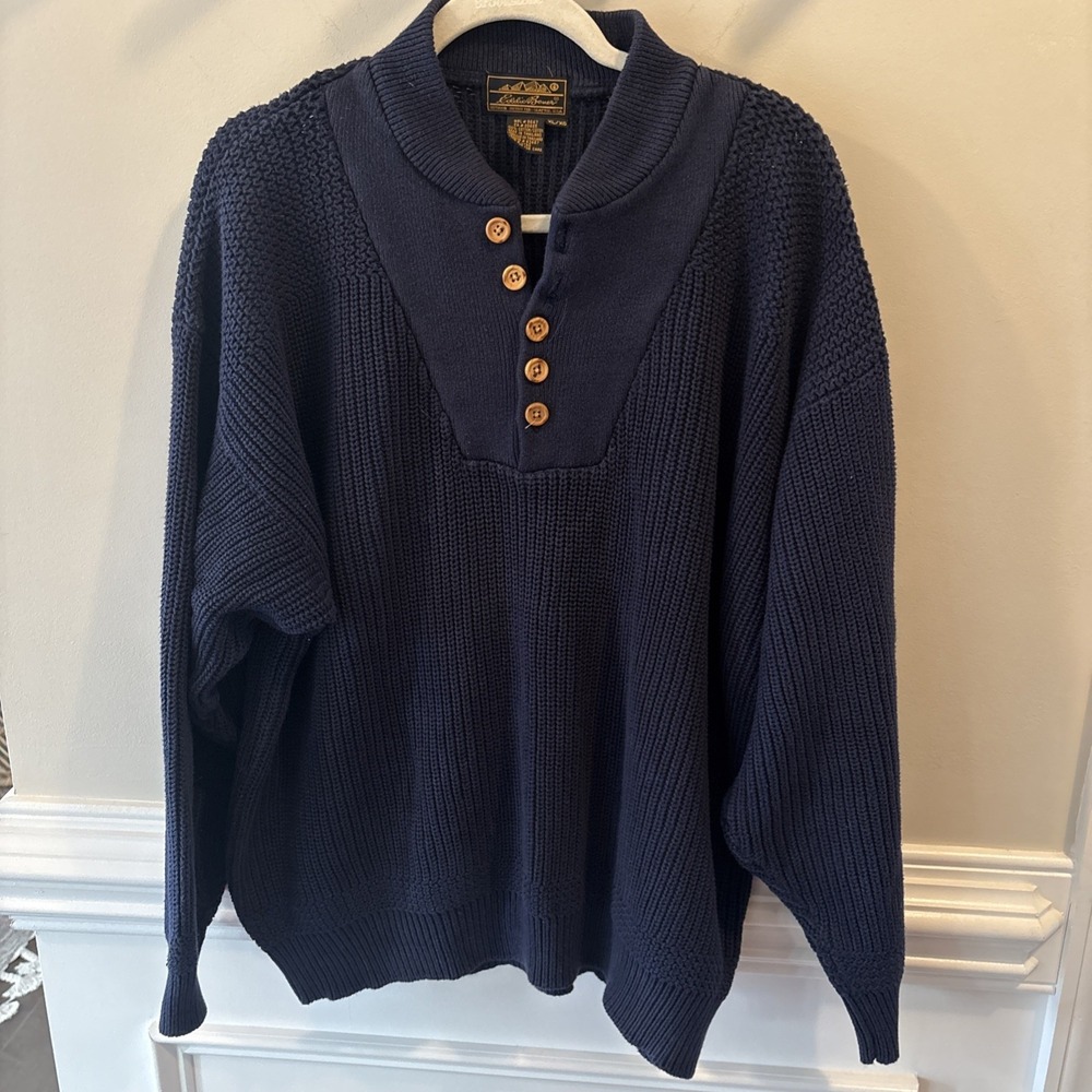 Vintage Eddie Bauer Sweater Men XL‎ Blue Pullover Knit Ribbed Henley 90s Buttons